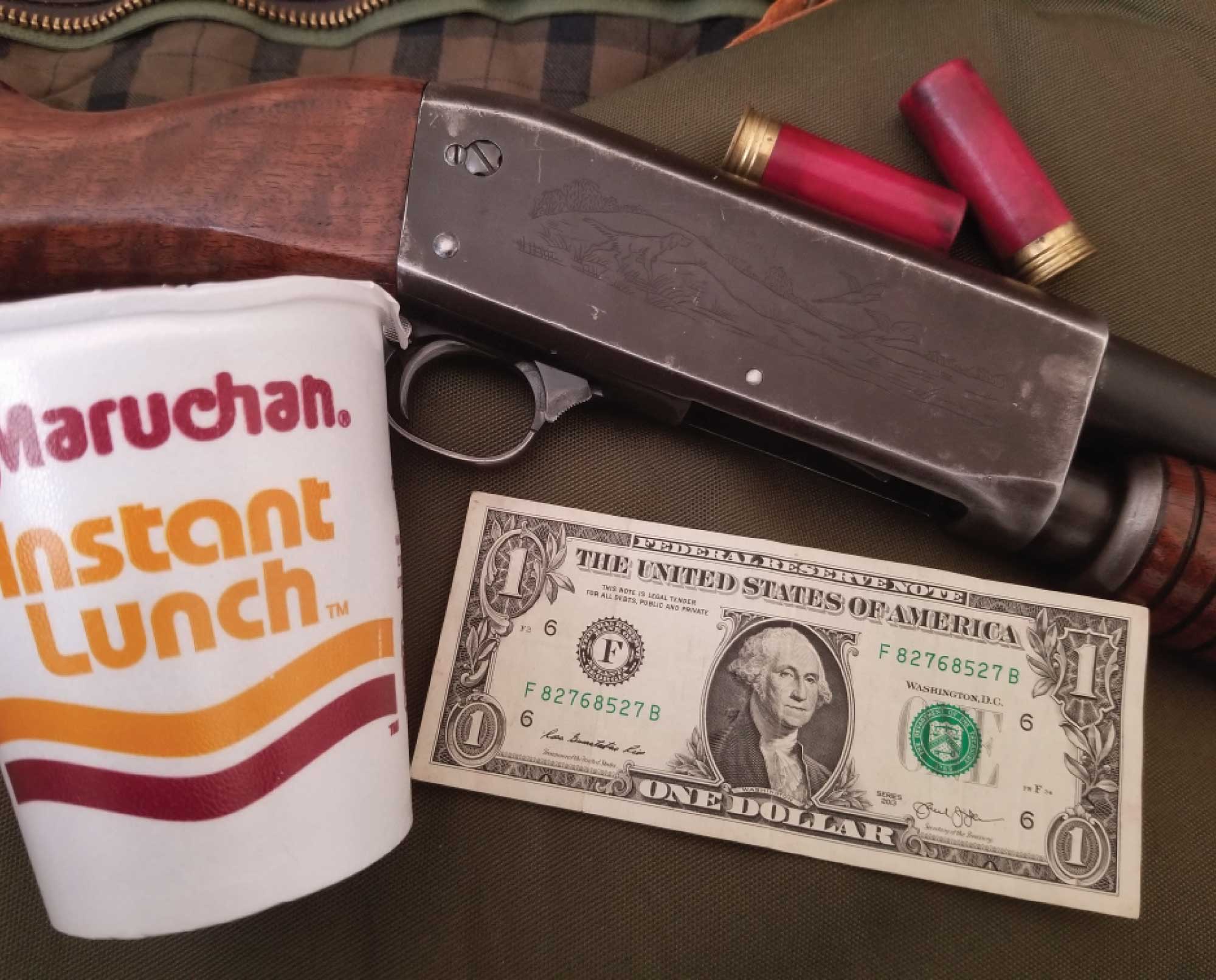 a shotgun along with some basic cheap gear for a day bird hunting