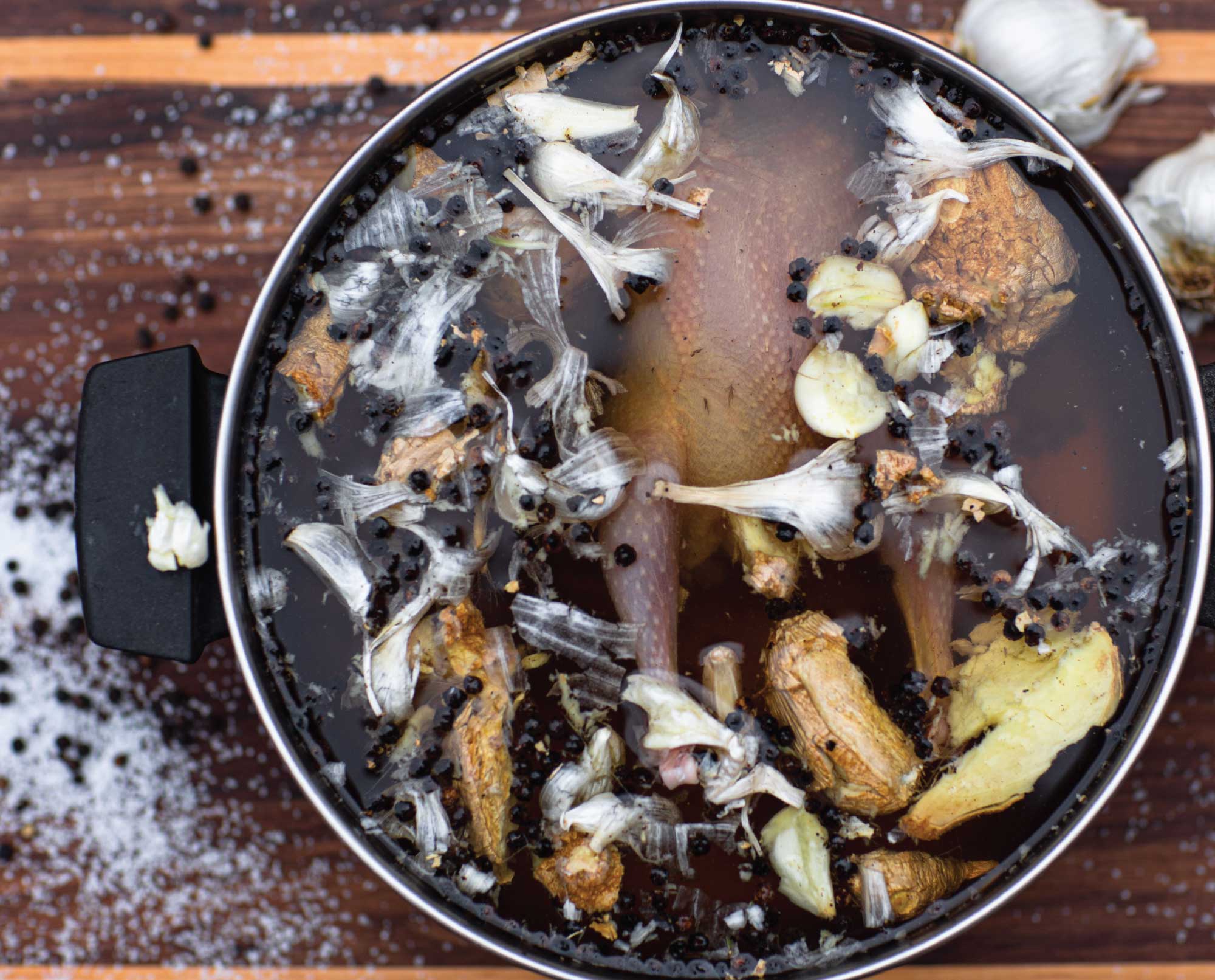 a pot with wild game birds in brine