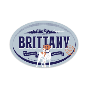 A weatherproof sticker featuring a Brittany Dog.