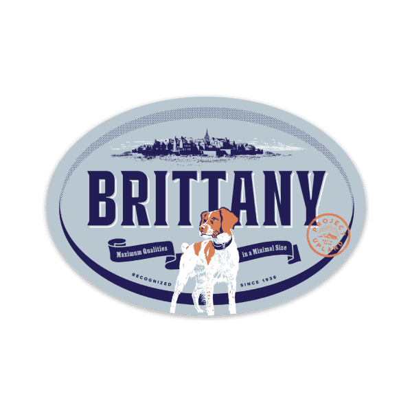 Brittamy-Label-Sticker A weatherproof sticker featuring a Brittany Dog.