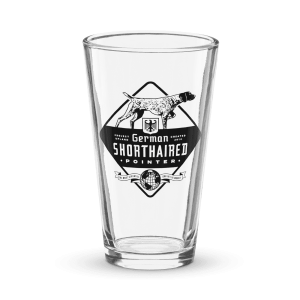 German Shorthaired pointer label design on a dishwasher safe pint glass