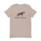 A German Wirehaired Pointer on an elegant point on a tan t-shirt