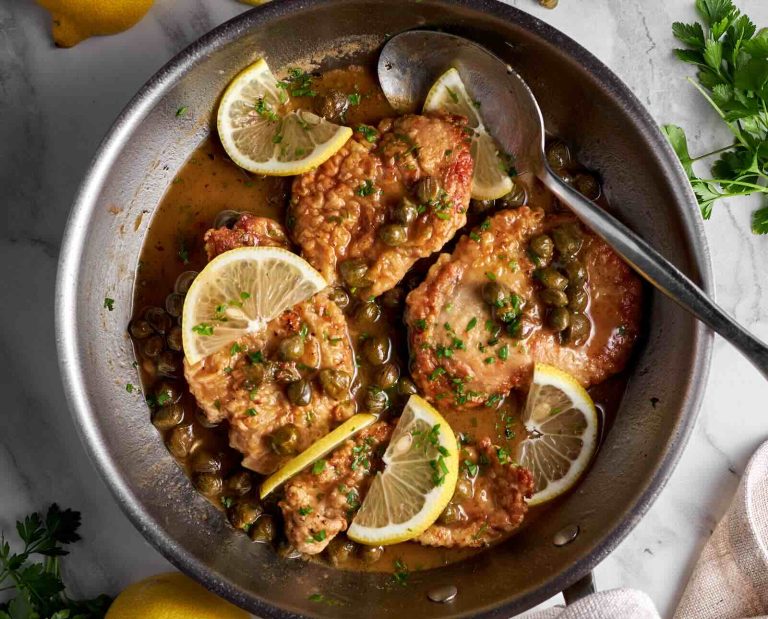 A serving dish of ruffed grouse piccata with lemon and capers