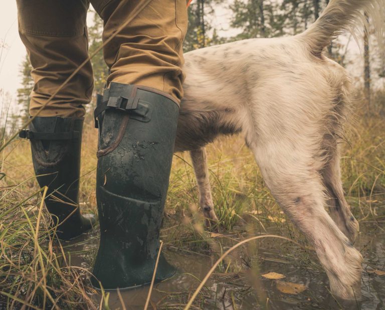 A bird hunter walks through water wearing Gumleaf birds