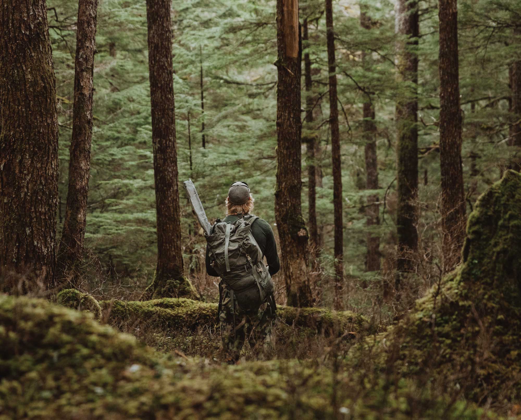 A hunter listens for a sooty grouse hoot while hunting in Alaska.
