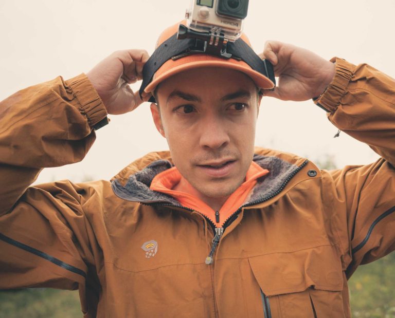 A bird hunter straps a gopro to his head.
