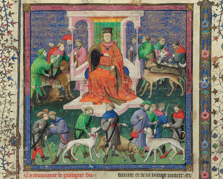 A medieval illustration of hunting hounds