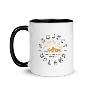 The original Project Upland circle logo on a mug.