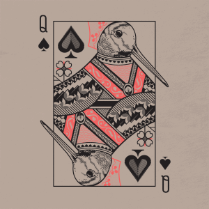 A close up look at the woodcock queen card shirt design.