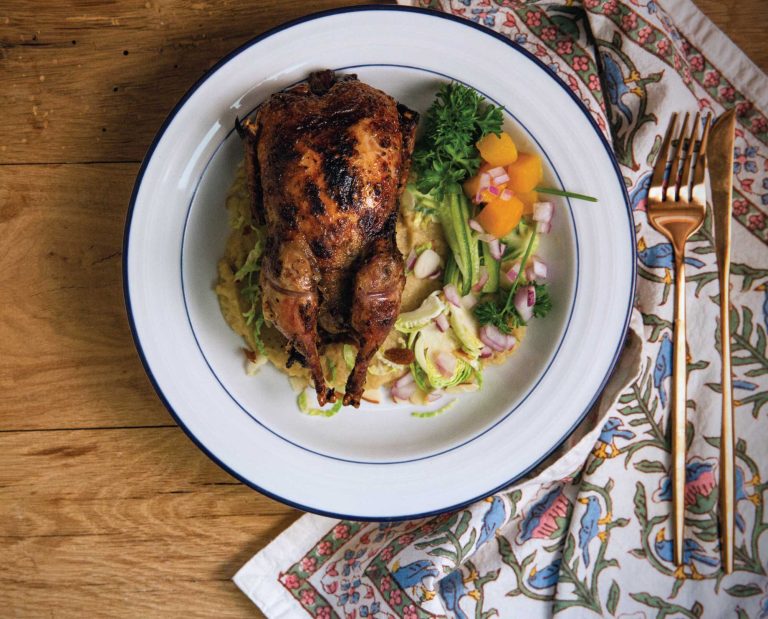 Roasted chukar in a plate with fennel puree