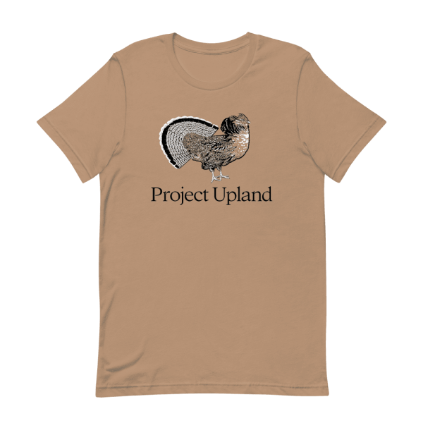 Ruffed-Grouse-T-shirt A fanning ruffed grouse on a Project Upland t-shirt in sand dune brown