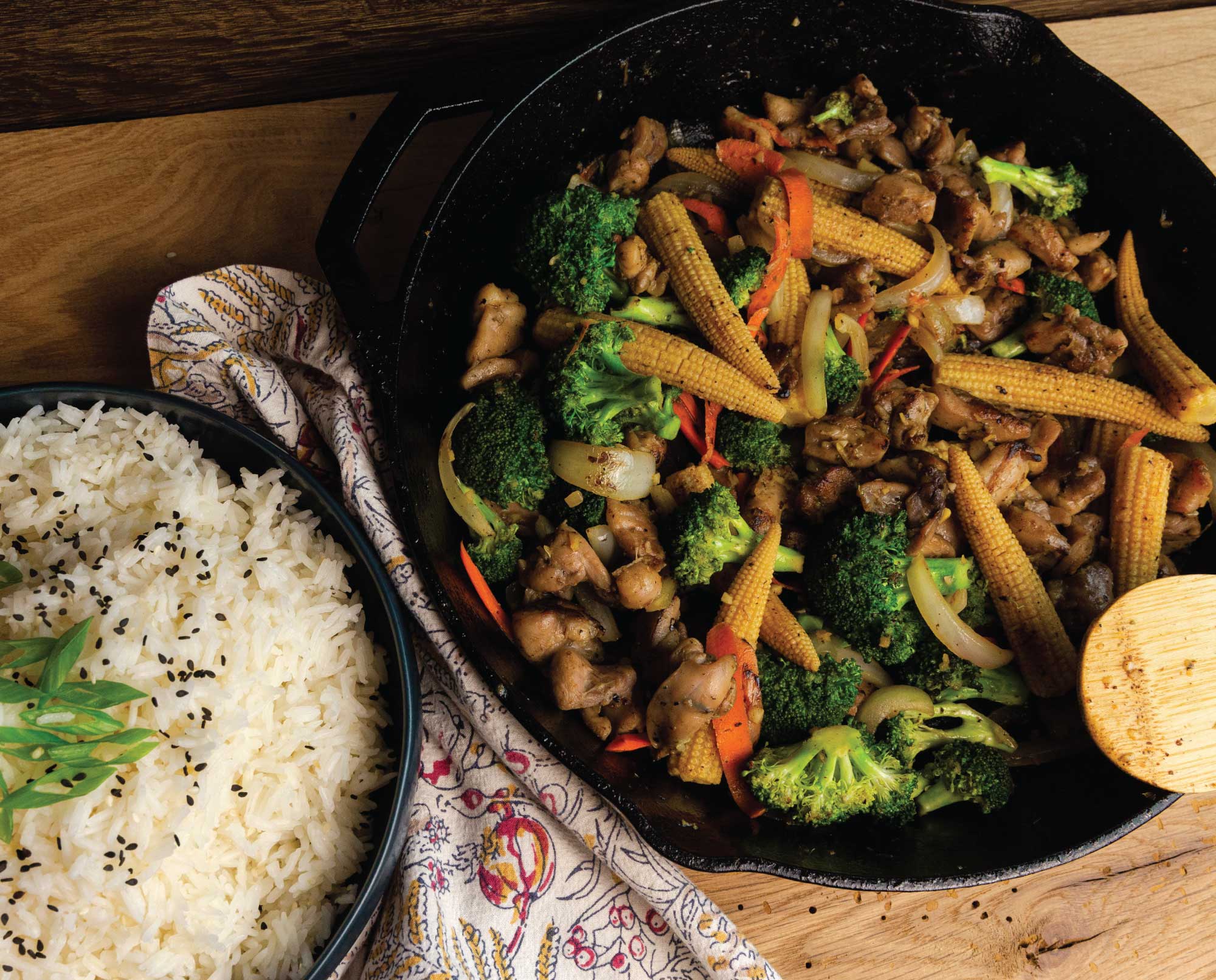 Upland bird stir fry ready to serve with rice.