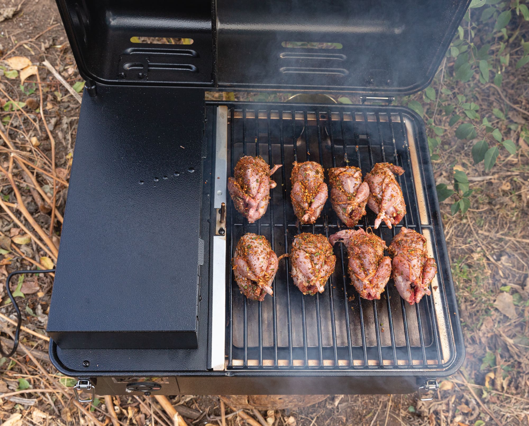 Quail placed on a pellet smoking grill