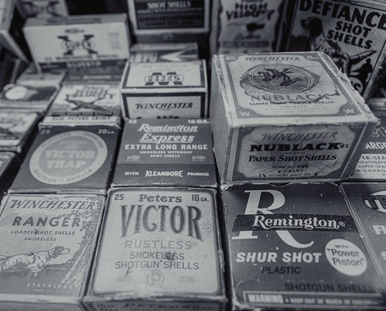 A vintage photo of ammunition in a gun shop