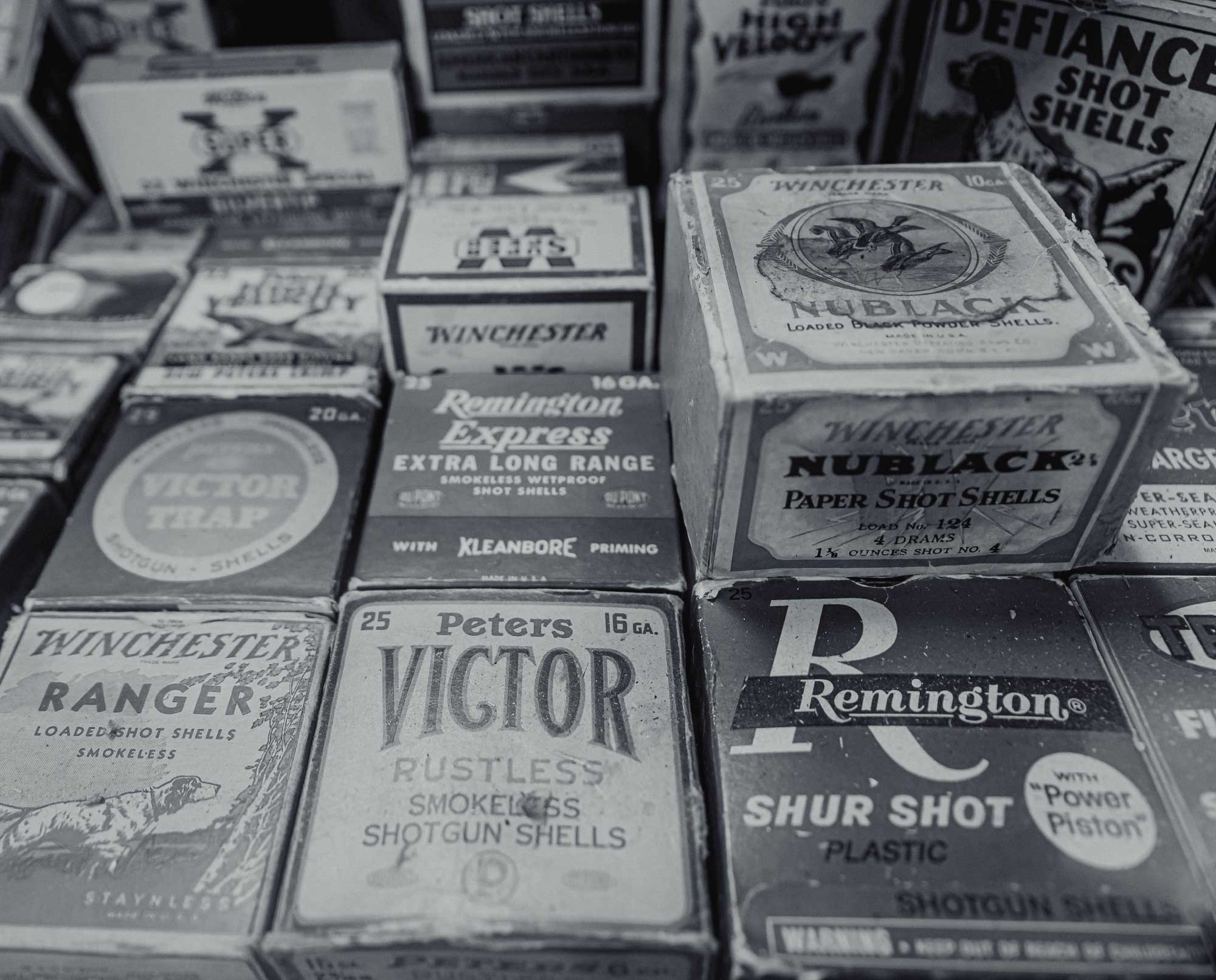 A vintage photo of ammunition in a gun shop