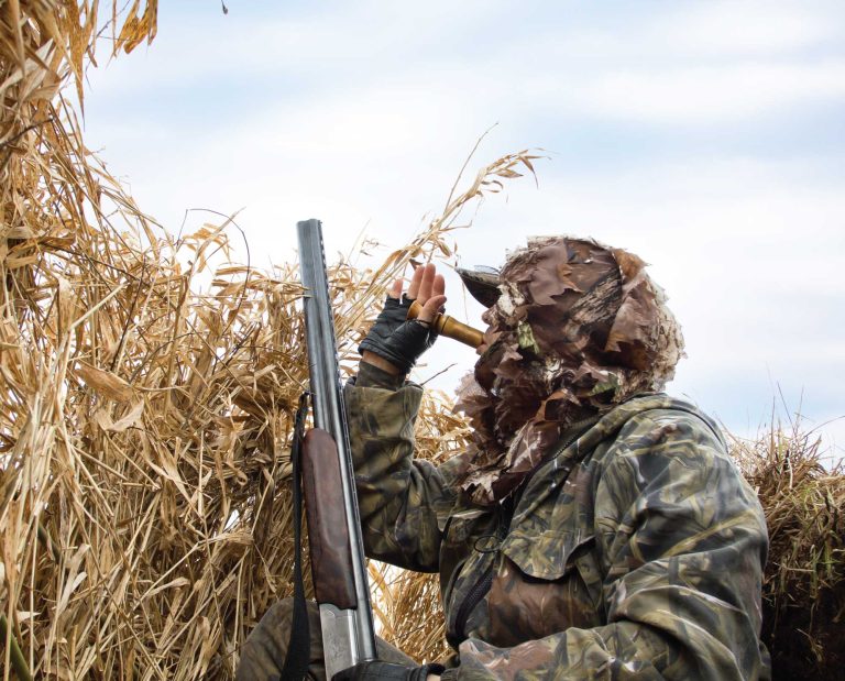 A duck hunter uses a duck call to call in ducks