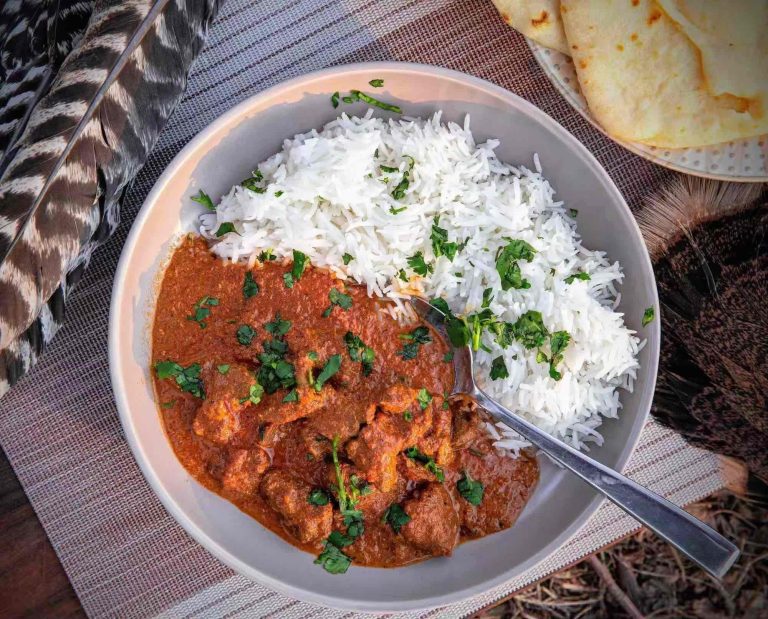 Turkey Tikka Masala plated with basmati rice