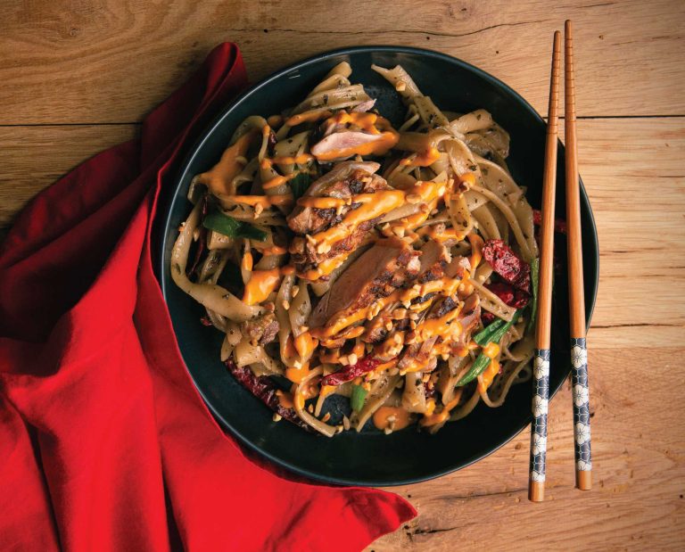 Upland drunken noodles made with pheasant meat