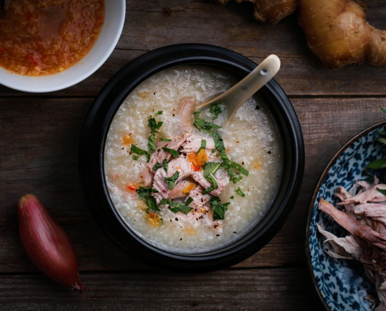 Vietnamese Pheasant Congee known as Rice Porridge in a bowl