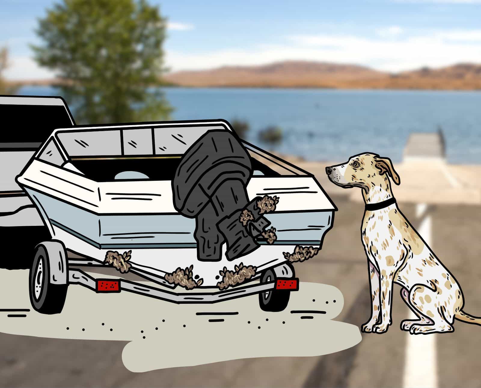 An illustration of a mussel detection dog sniffing invasive mussels on a boat.