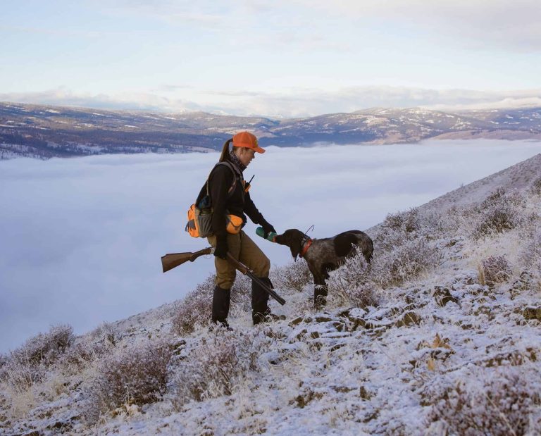 Jennifer Wapenski and her Deutsch Langhaar rest on a mountain side.
