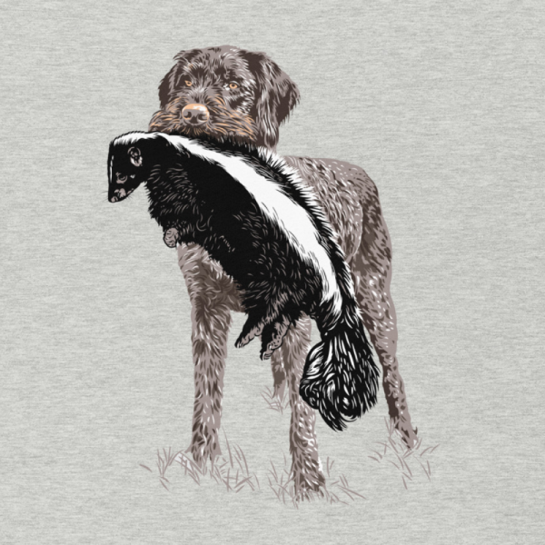 wirehair-dog-t-shirt-close-up A German wirehair retrieves a skunk on a t-shirt