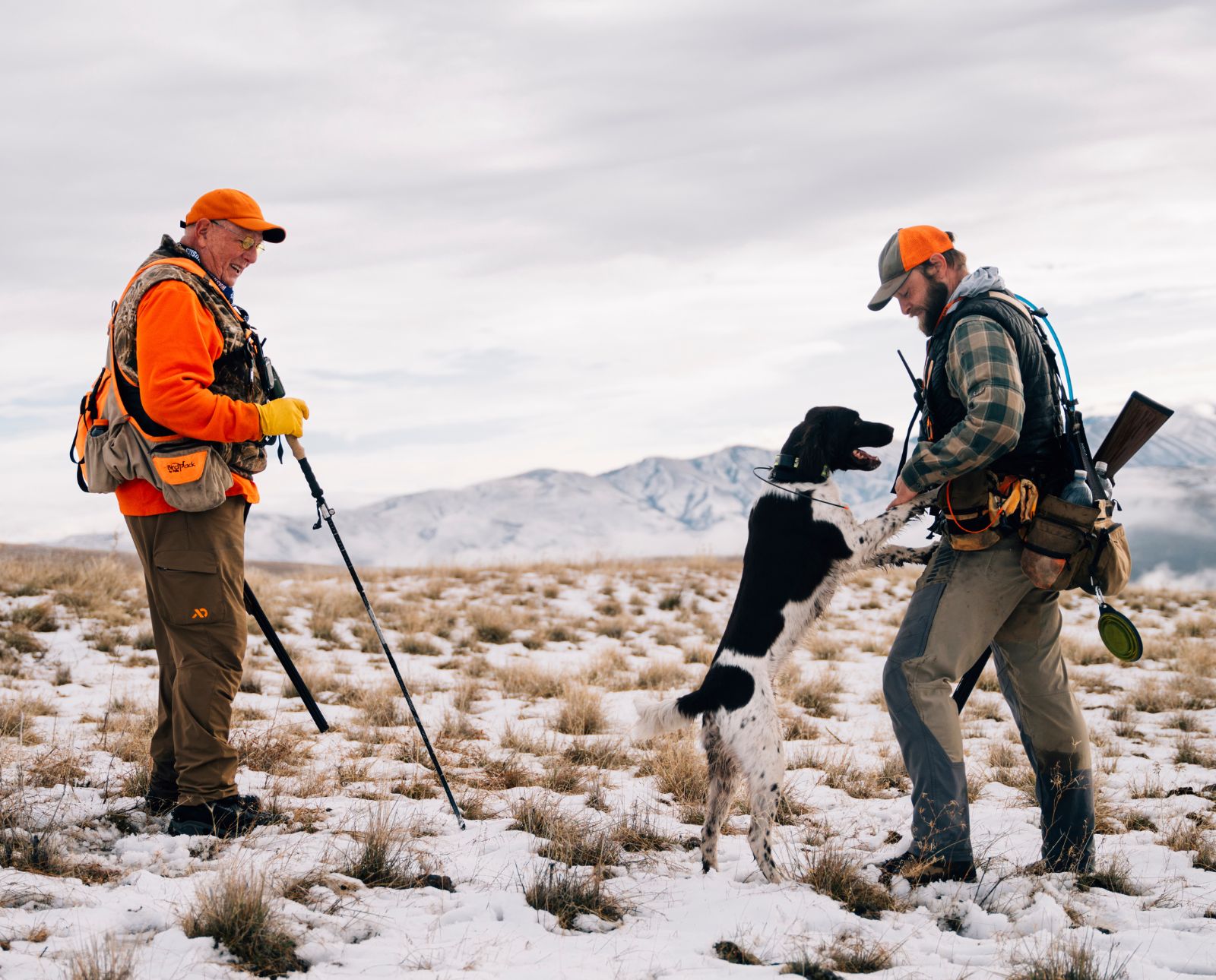 A son takes his elderly father upland hunting with his bird dog in Oregon.