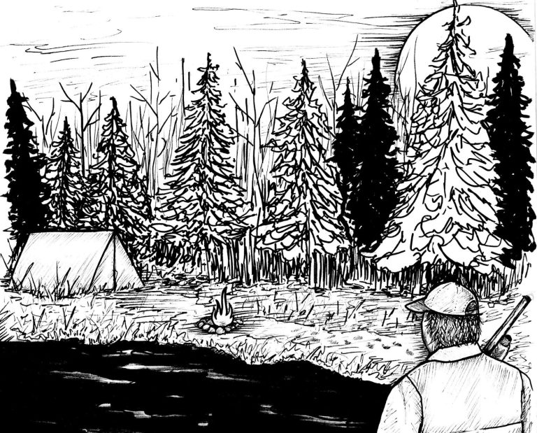 An illustration of a ruffed grouse hunter arriving at his campsite and campfire in the woods.