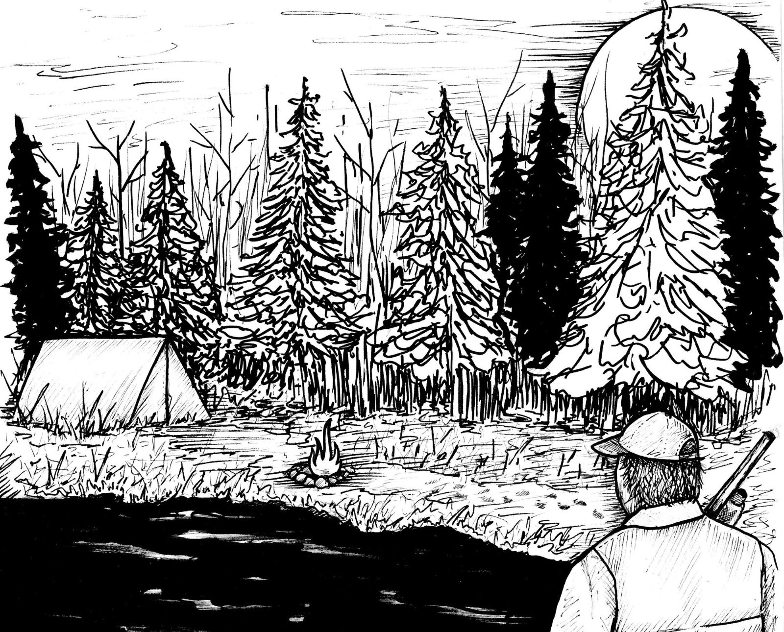 An illustration of a ruffed grouse hunter arriving at his campsite and campfire in the woods.