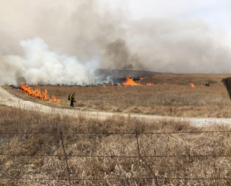 Two firefighters conducting a controlled burn at the Tallgrass Prairie National Grassland in Kansas.