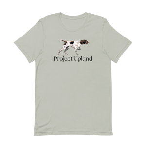 A liver and white ticked German Shorthaired Pointer on a t-shirt
