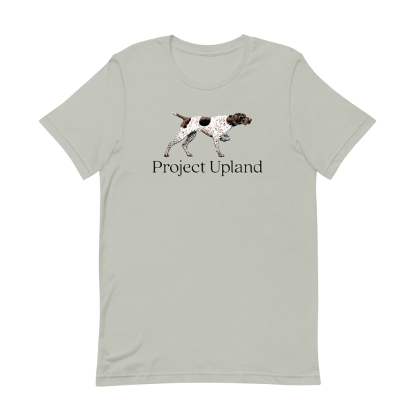 A liver and white ticked German Shorthaired Pointer on a t-shirt